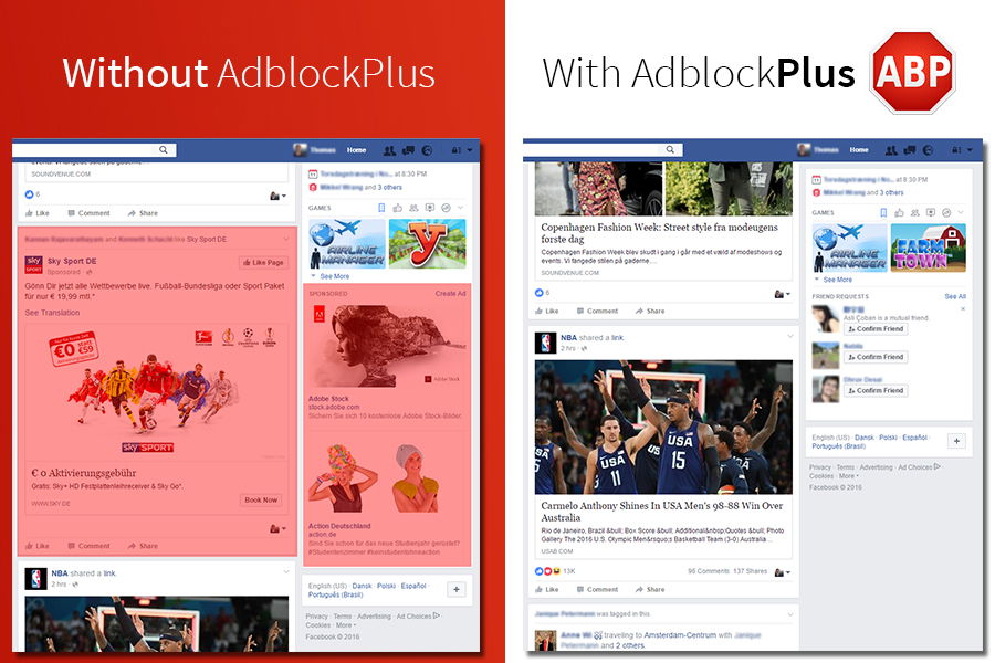 Facebook with or without AdBlock