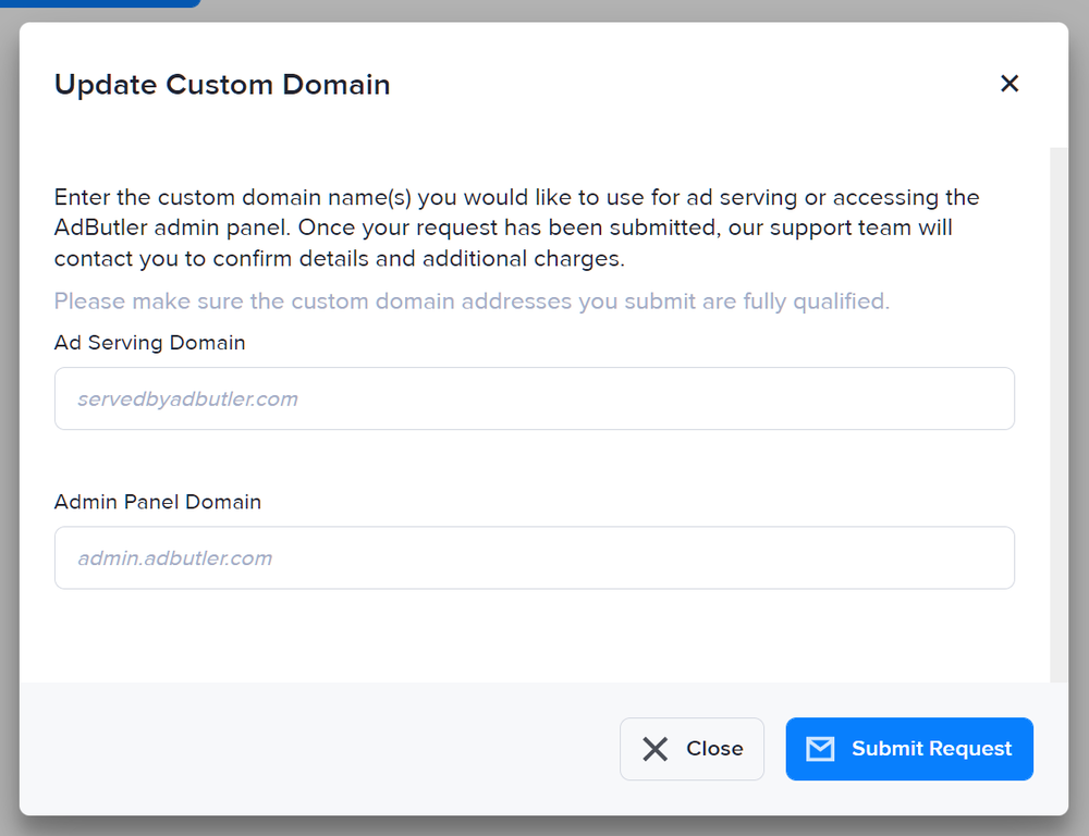 Submitting a request for custom domains in AdButler