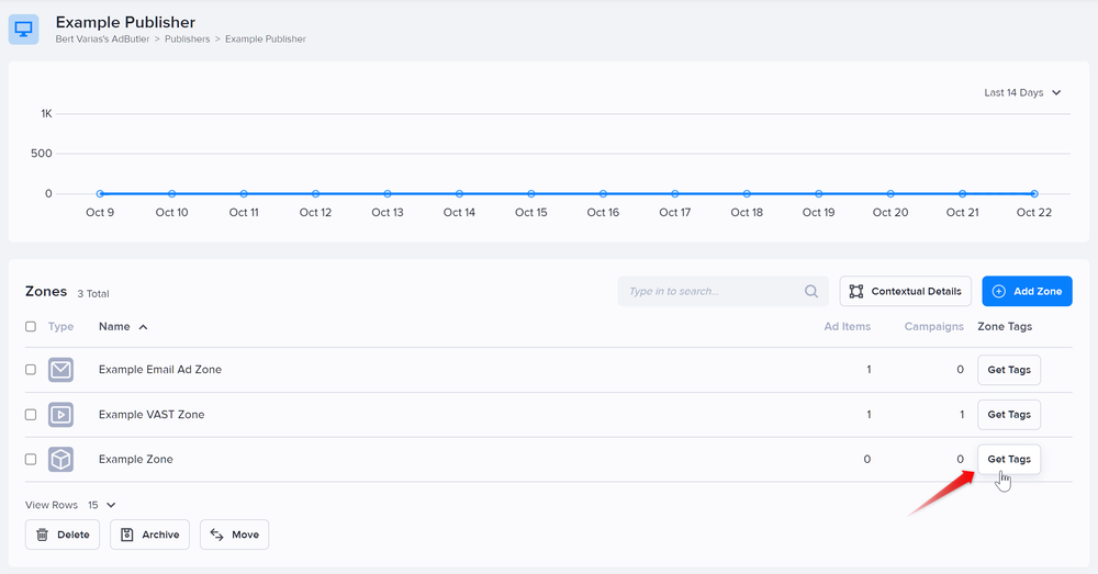 The Zone Tags button in a specific publisher's section