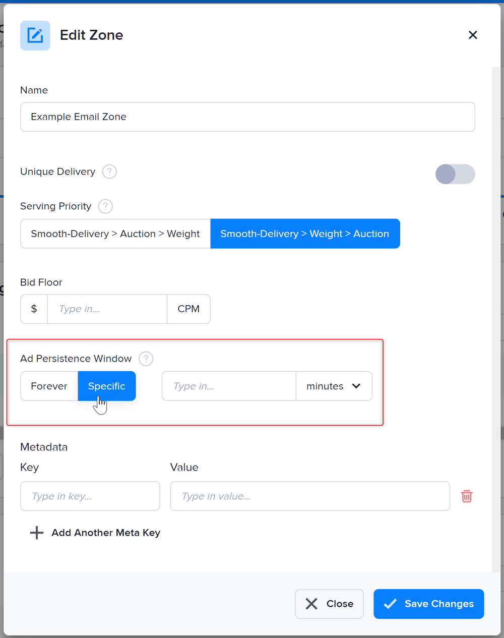 The Ad Persistence Window zone setting