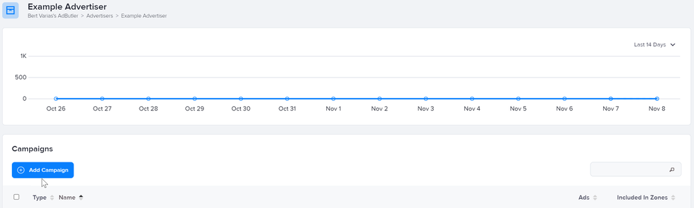 The Add Campaign button in an advertiser's section