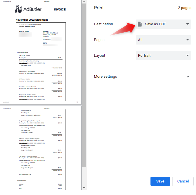 Saving a monthly invoice as a PDF file