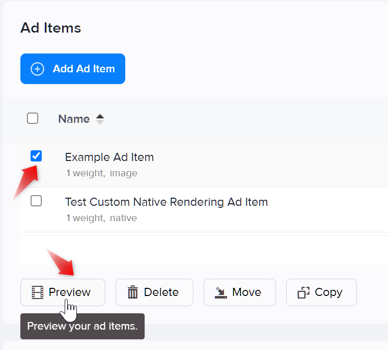 Selecting an ad item to preview
