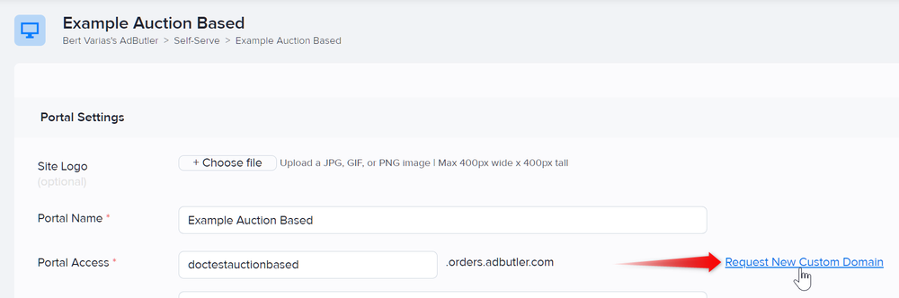 The Request New Custom Domain link in publisher portal settings