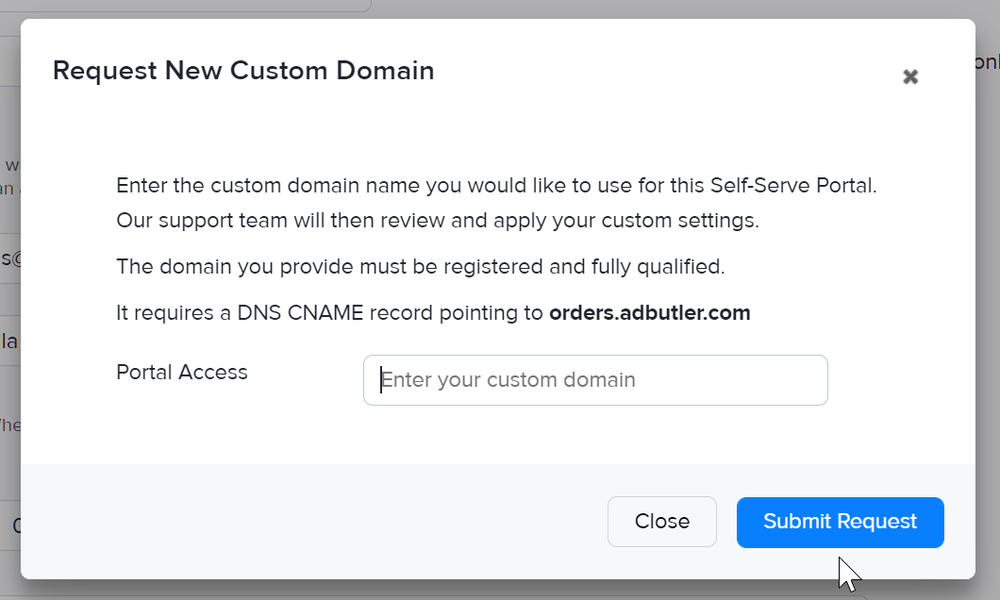 Submitting a request for a custom self-serve portal domain name in AdButler