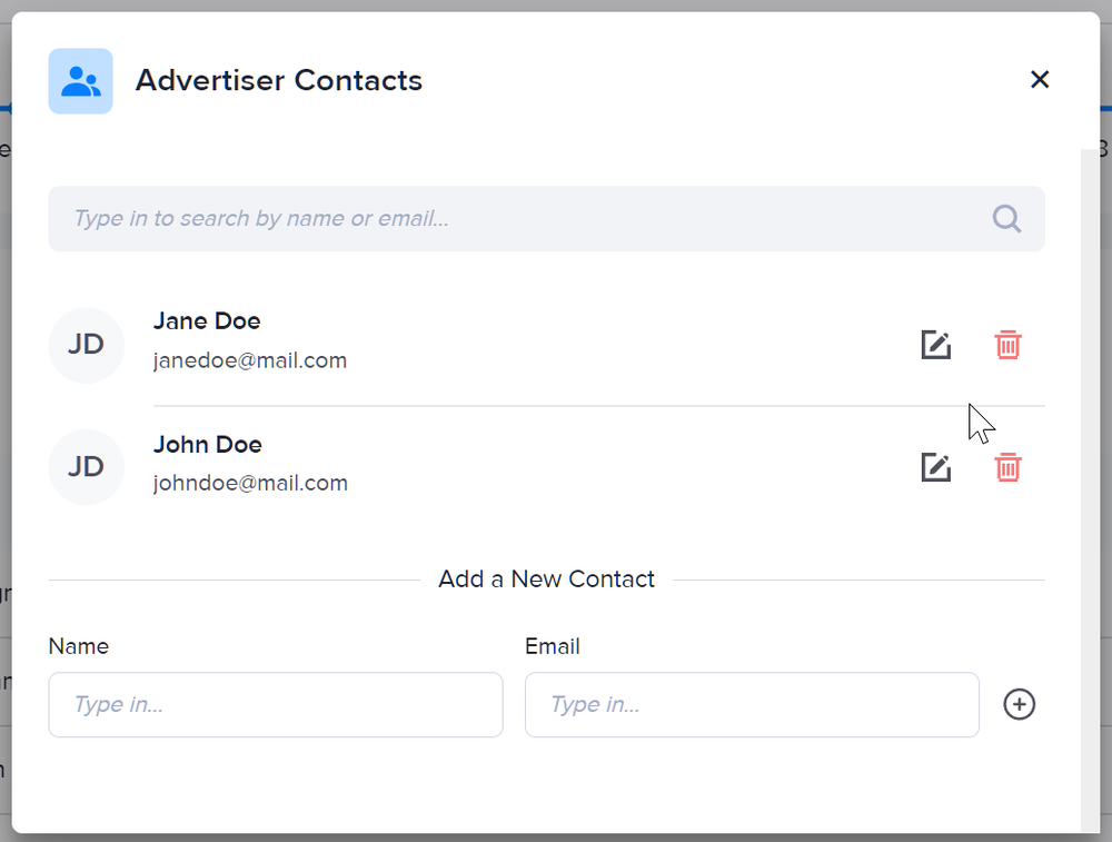 Viewing and managing advertiser contacts in AdButler