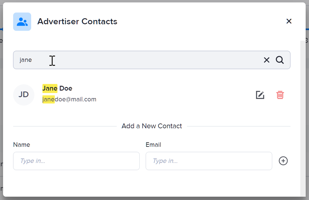 How to search for an advertiser contact on AdButler