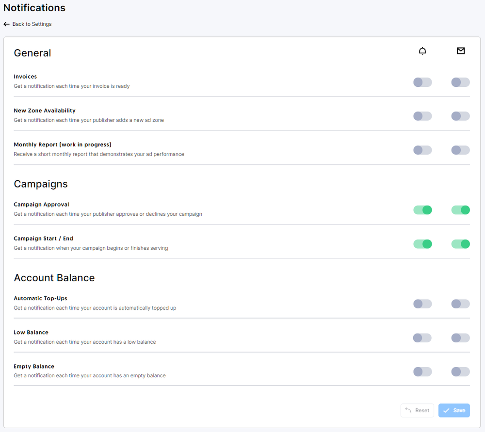 The Self-Serve advertiser portal notifications settings