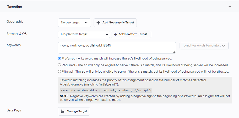 Adding keyword targets to an assignment