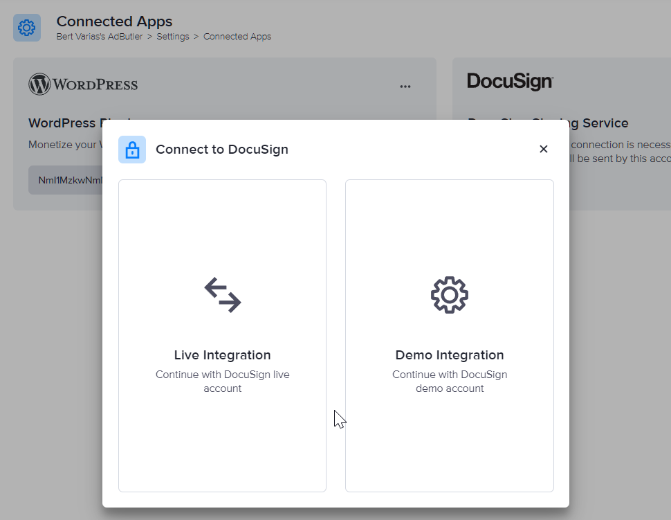 Choosing a live or demo DocuSign account to connect to AdButler