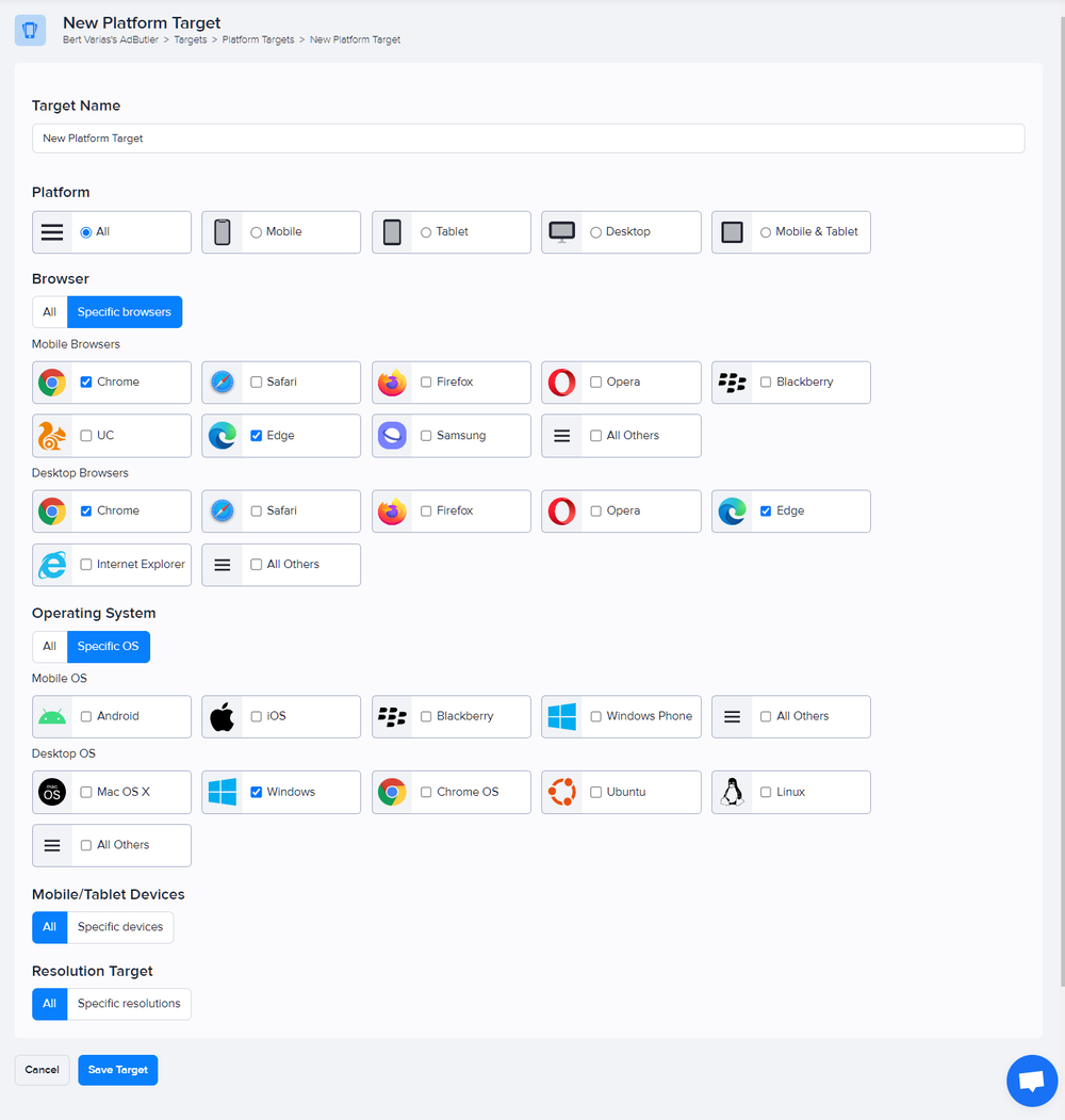 Creating a platform target in AdButler