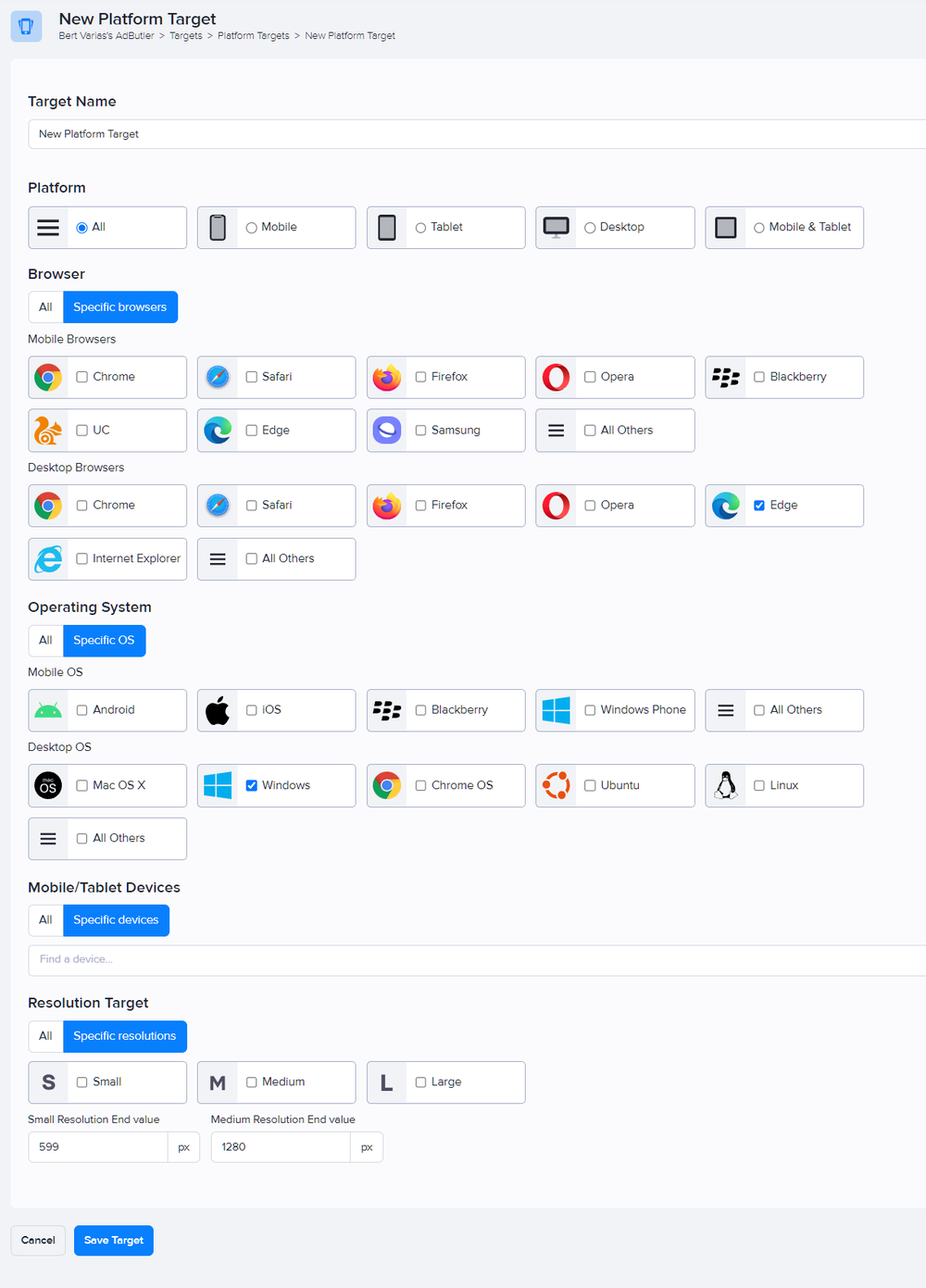 The platform and device targeting options in AdButler