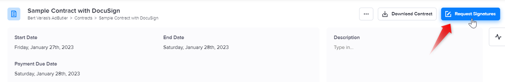 The Request Signatures button in a contract's details page