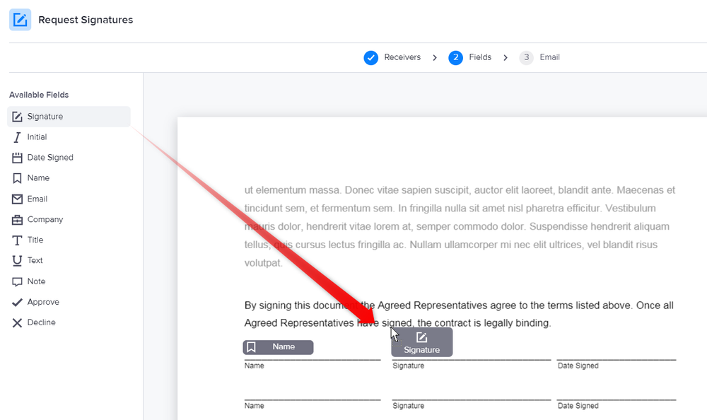 Placing fields to fill and sign in a contract