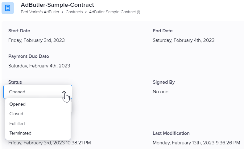 Choosing a new contract status in AdButler