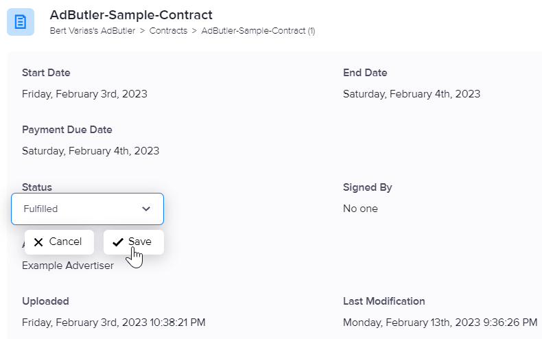 How to save an edited contract status in AdButler