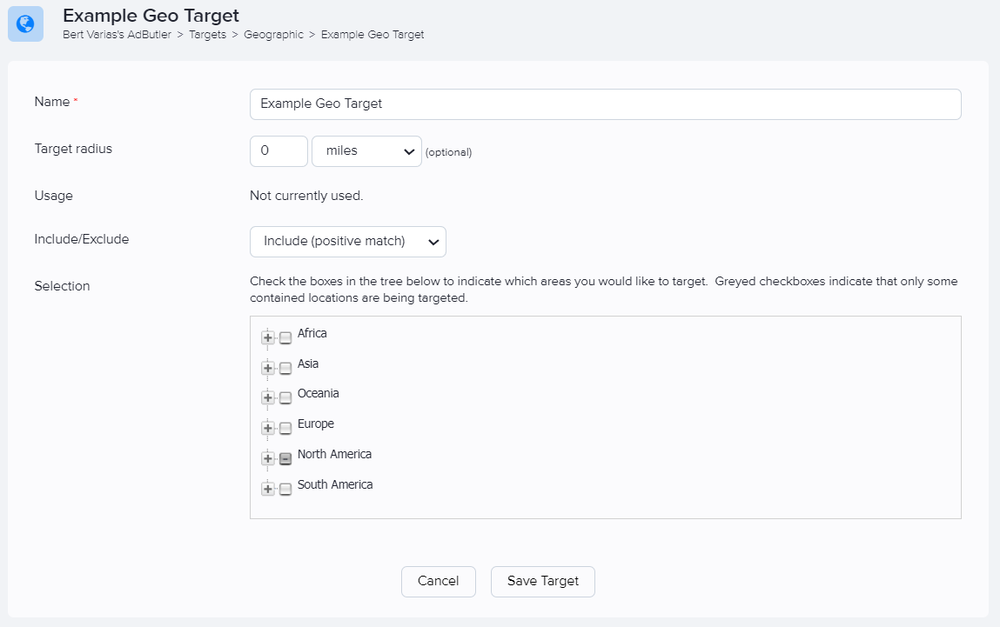 Creating a new geographic target in the Targets section