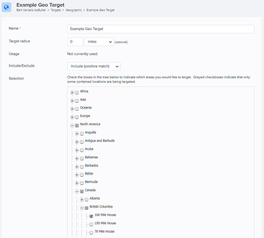 Selecting locations in the Targets section for geographic targeting