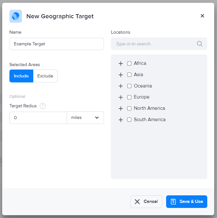 The New Geographic Target window in the assignment page