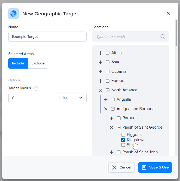 Selecting locations in the campaign assignment page for geographic targeting