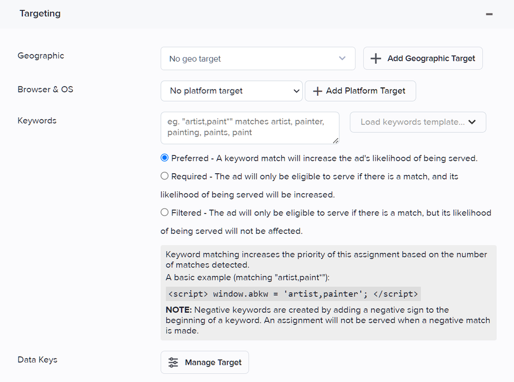 The Targeting subsection in the assignment details page