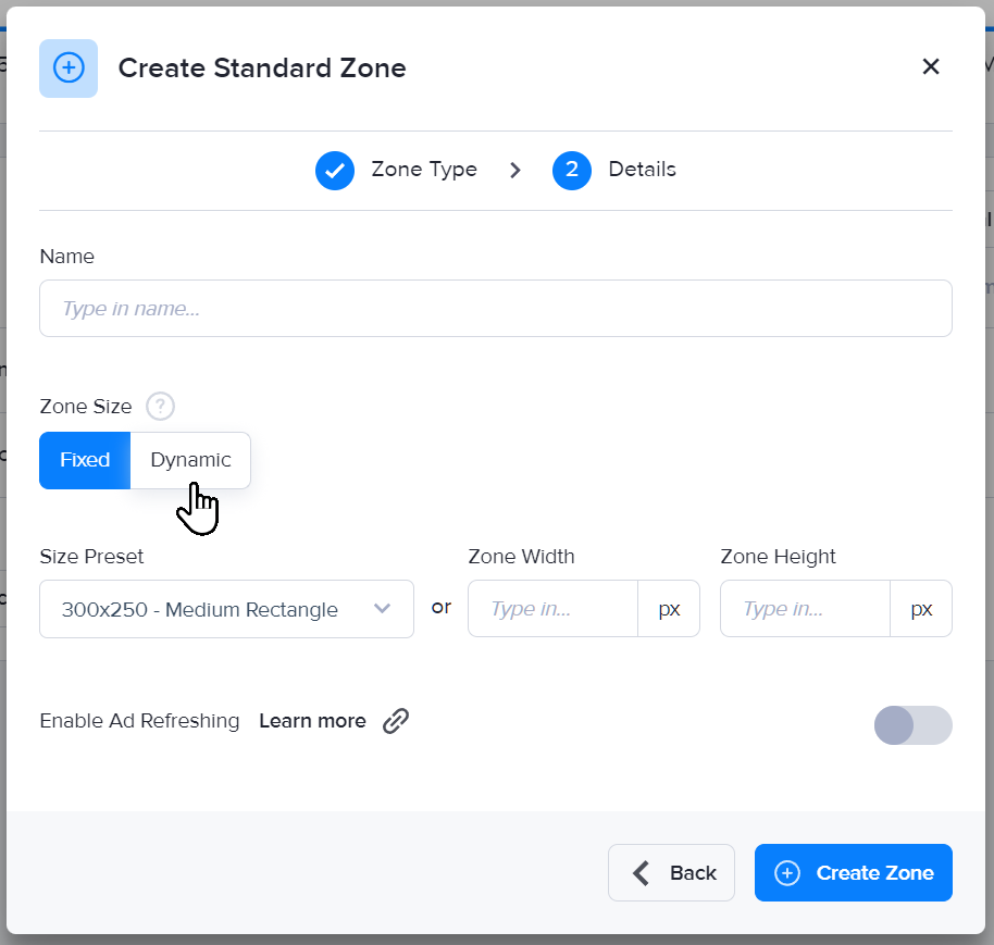 Setting a zone's size when creating it in AdButler