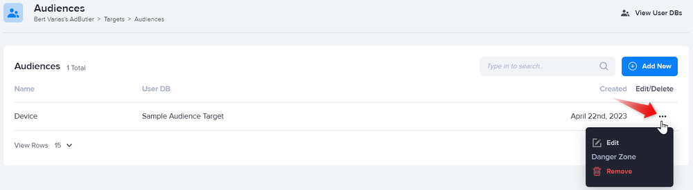 The options to edit or remove an Audience in AdButler