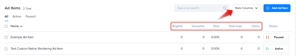 The Ad Items table with only the stats columns