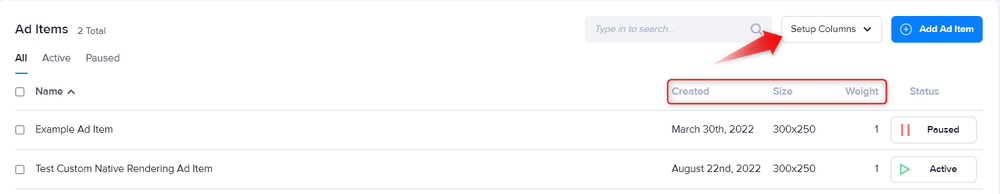 The Ad Items table with only the setup columns