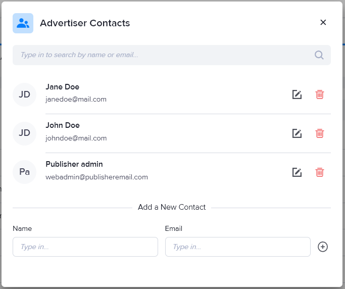 The Advertiser Contacts window in AdButler