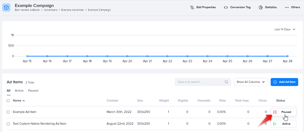 Pausing an ad item in AdButler