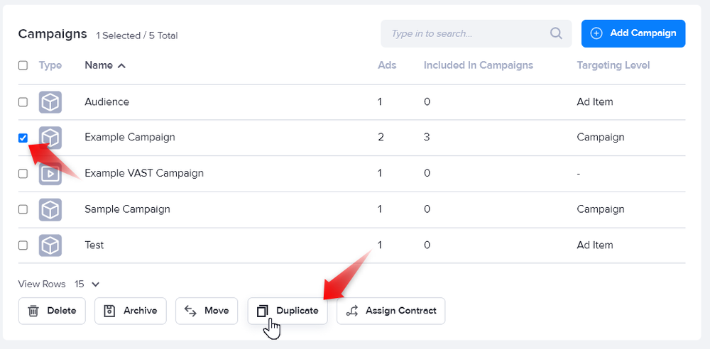 Selecting a campaign to duplicate in AdButler