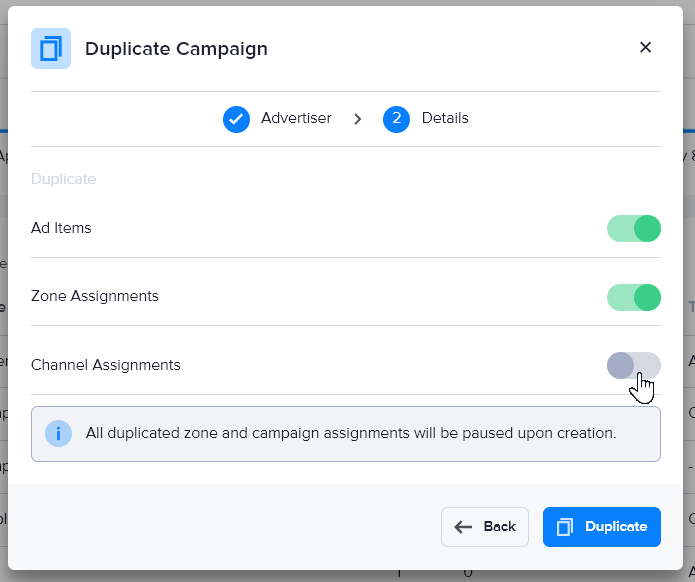 Selecting the campaign components to duplicate