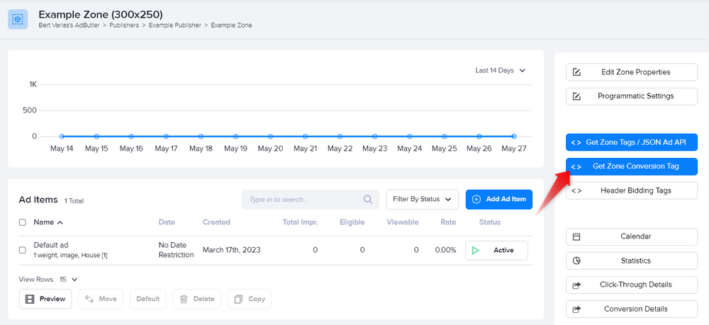 The Get Zone Conversion Tag button in AdButler