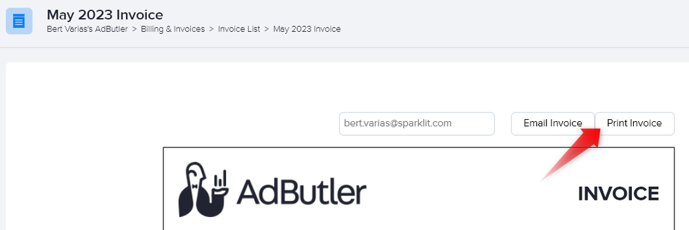 The Print Invoice button in AdButler