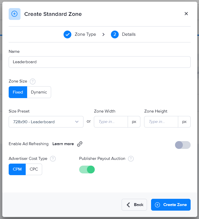 Creating a standard zone in AdButler