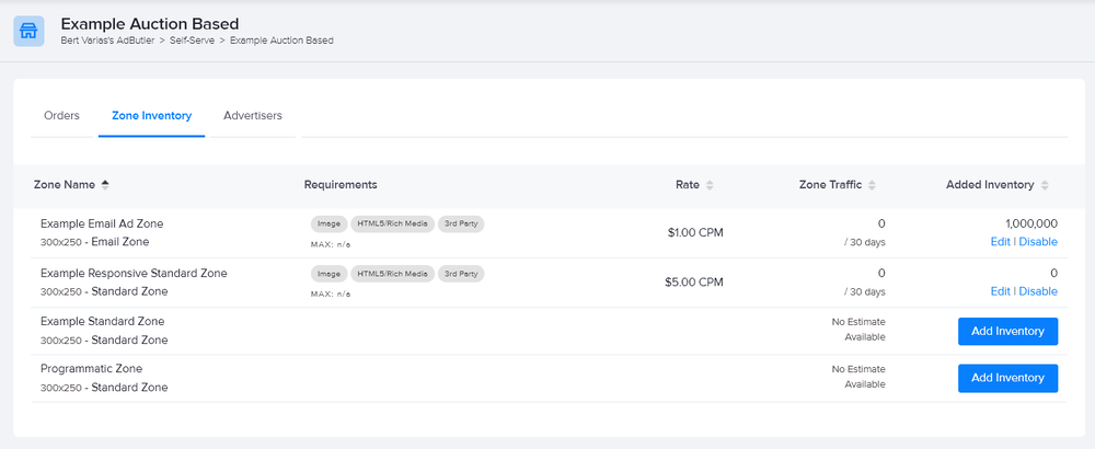 The Zone Inventory tab in a Self-Serve portal's setup page