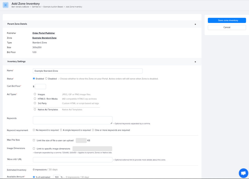 Adding a new zone inventory to a Self-Serve portal in AdButler