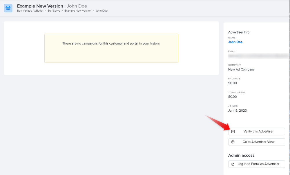 Verifying an advertiser in a Self-Serve portal setup page