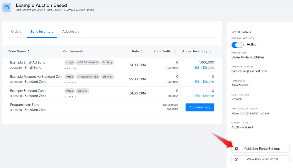 The Publisher Portal Settings button