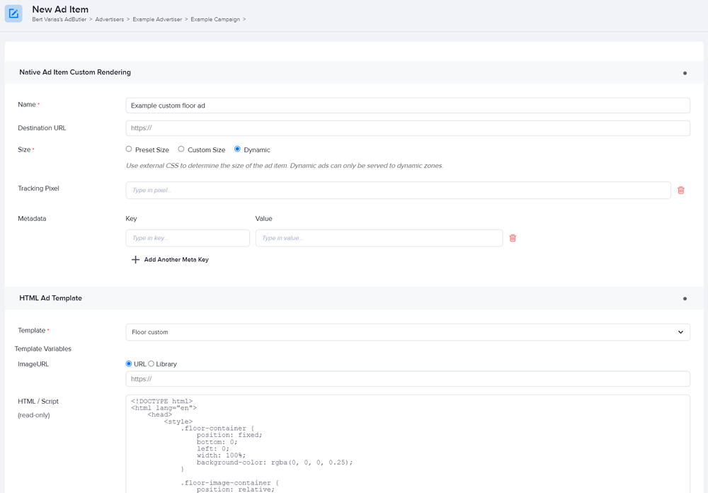 Creating a floor ad custom native ad item in AdButler
