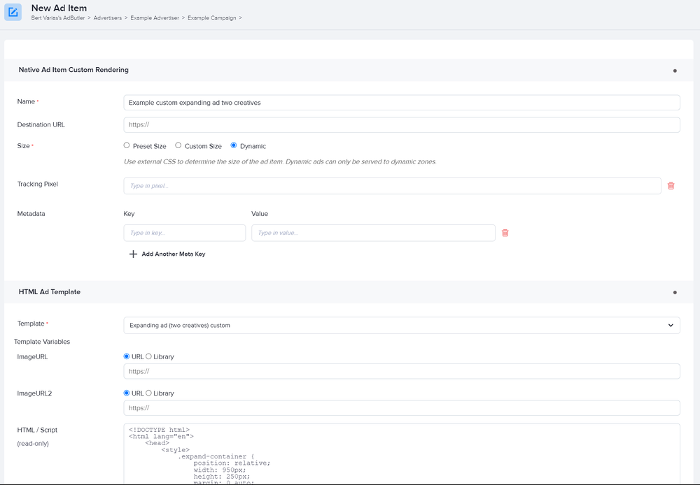 Creating a custom native expanding ad item (two creatives) in AdButler