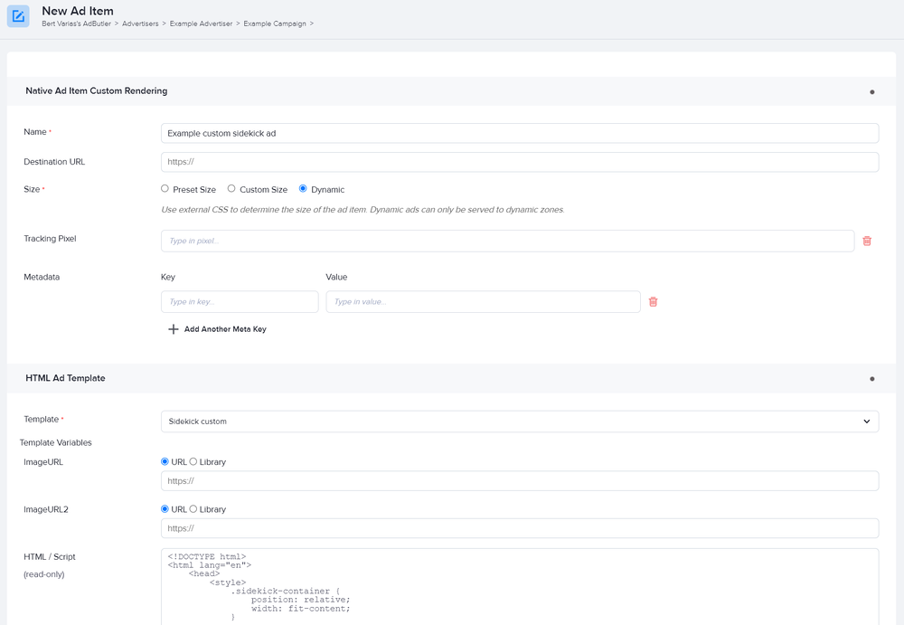 Creating a sidekick ad custom native ad item in AdButler