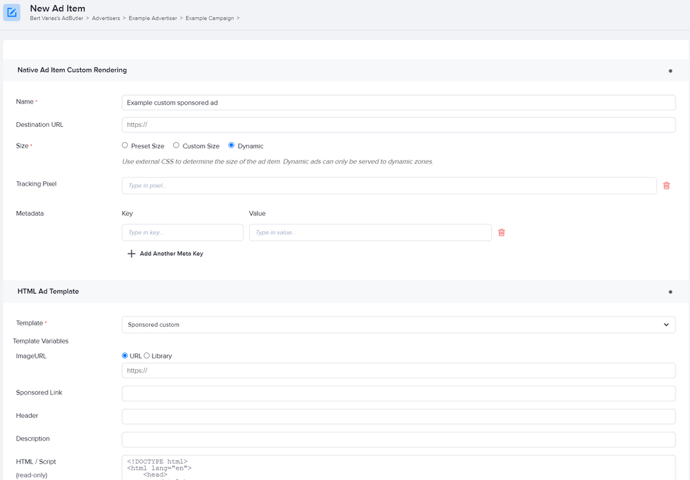 Creating a custom native sponsored ad item in AdButler