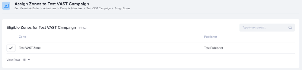 Selecting a VAST zone to assign a VAST campaign in AdButler