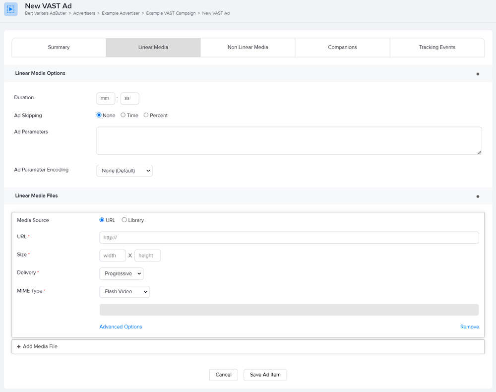 Adding VAST 2 linear media in AdButler