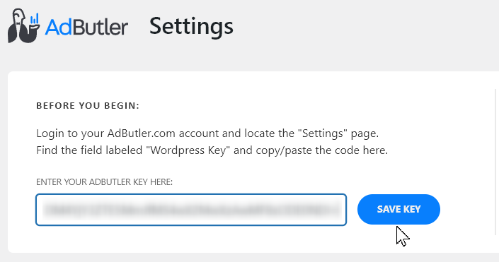 Entering the AdButler WordPress key in the plugin settings