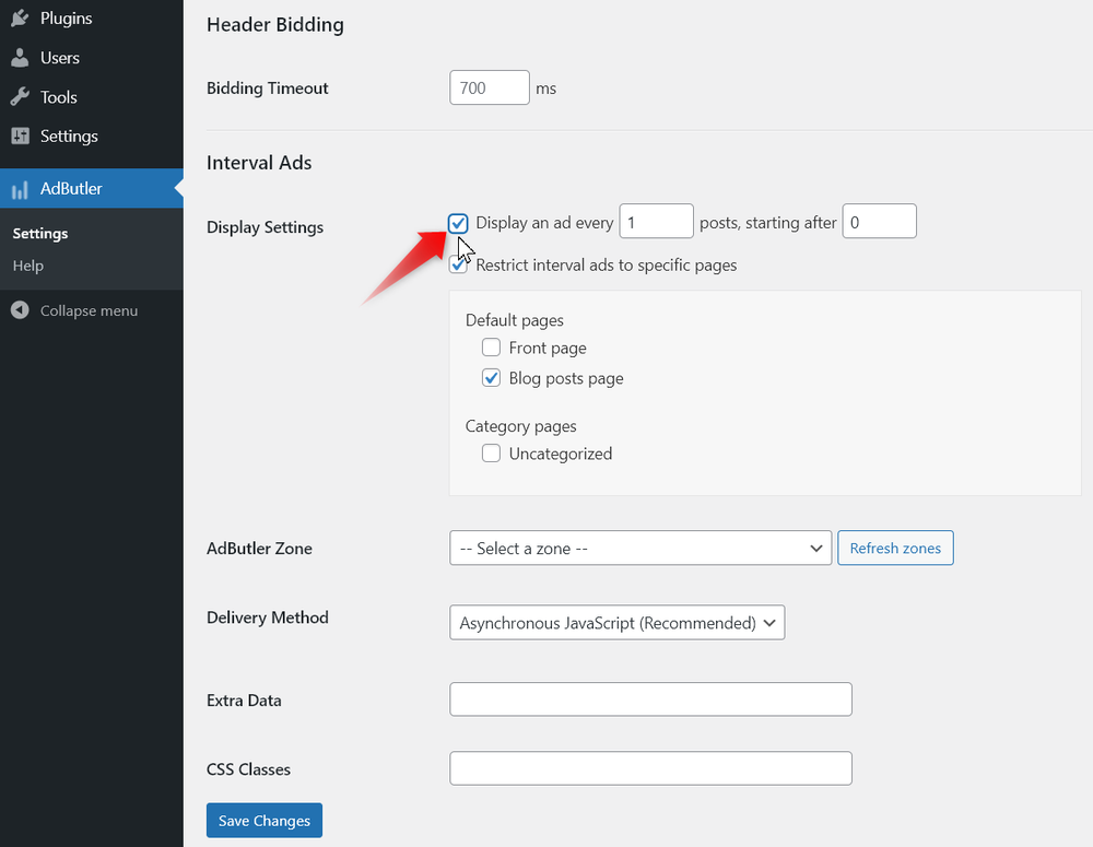 Enabling interval ads in the AdButler plugin for WordPress