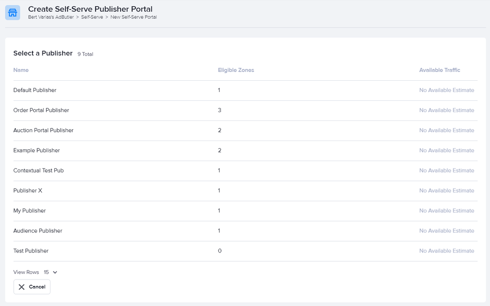 Selecting a publisher for a Self-Serve portal in AdButler