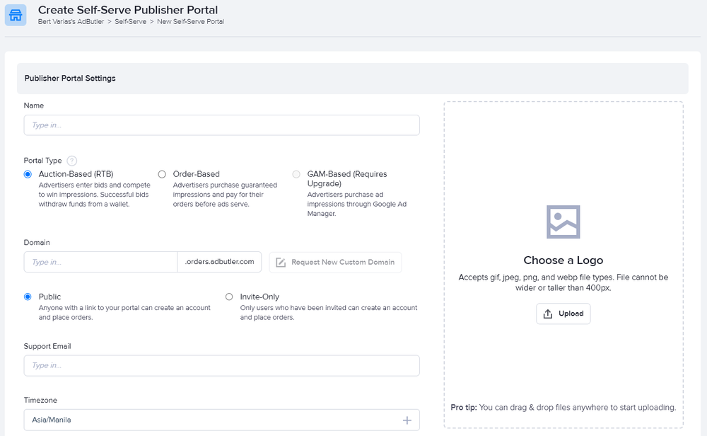 The Self-Serve portal settings in AdButler